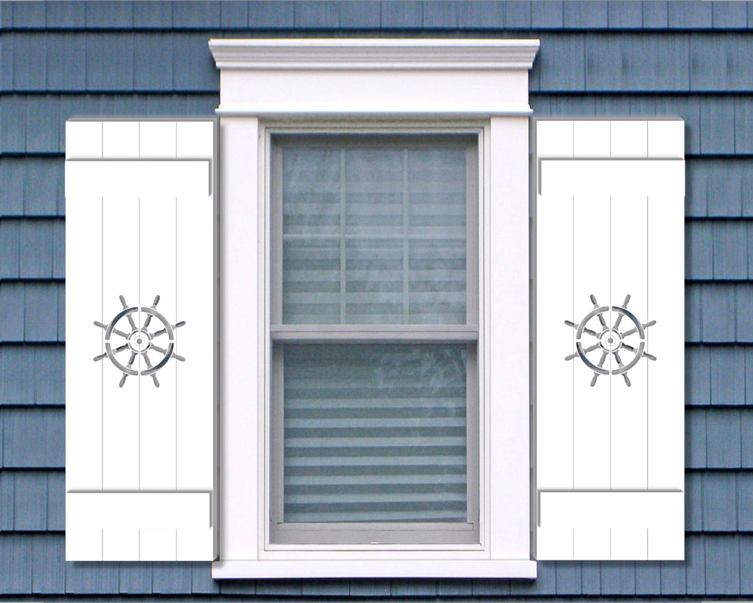 Ship Wheel Design Plastic Window Shutters (Sold in Pairs) - exteriorplastics - Mailbox Accessories - plastic fencing - coastal decoration - nautical decorations - beach house decorations - Florida landscaping - coastal landscaping - nautical landscaping - nautical fences - nautical gates - home improvement - home decor - fencing and barriers